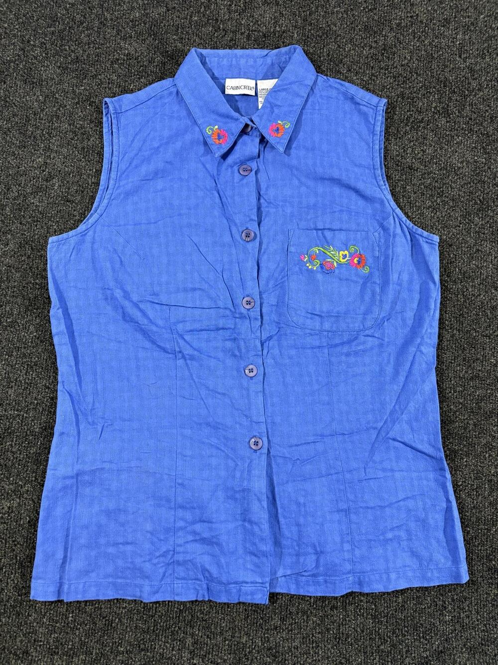 Cabin Creek Blouse Womens L Blue Embroidered Collar Pocket Button Up Sleeveless